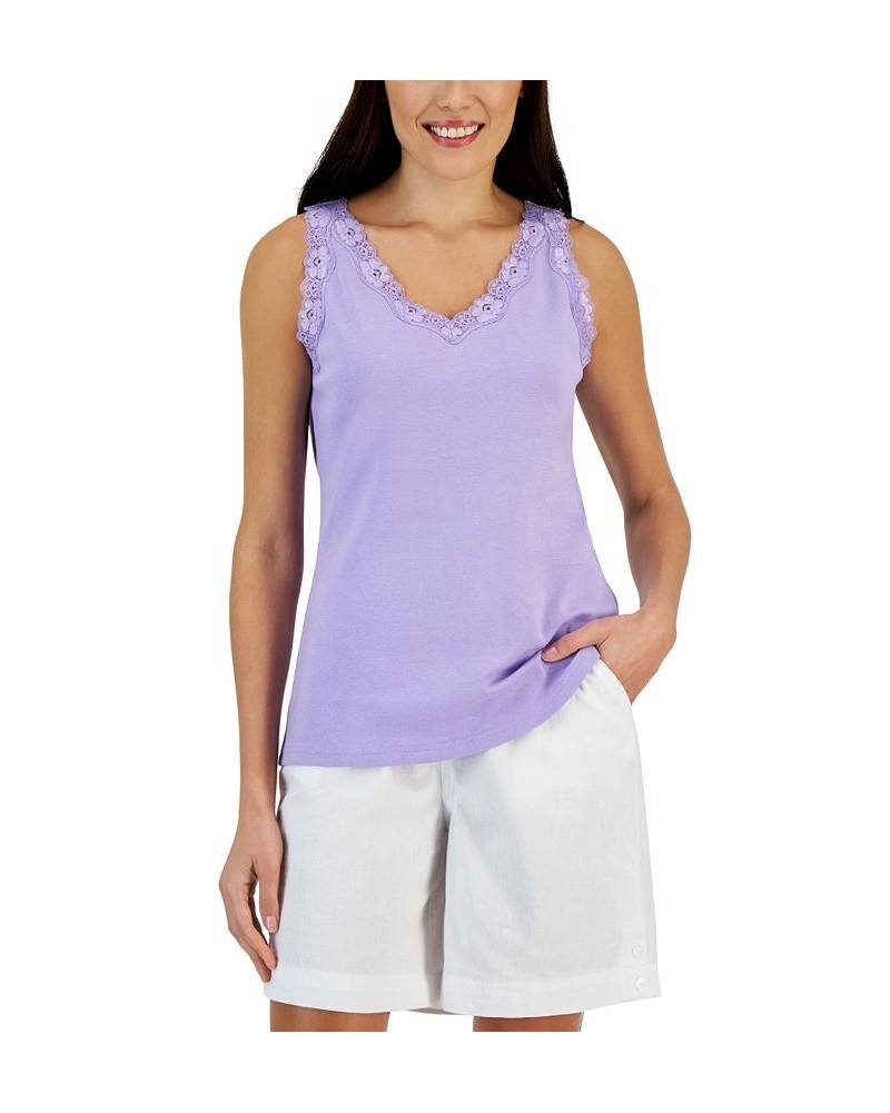 Petite Cotton Lace-Trim Tank Top Bellflower $11.39 Tops