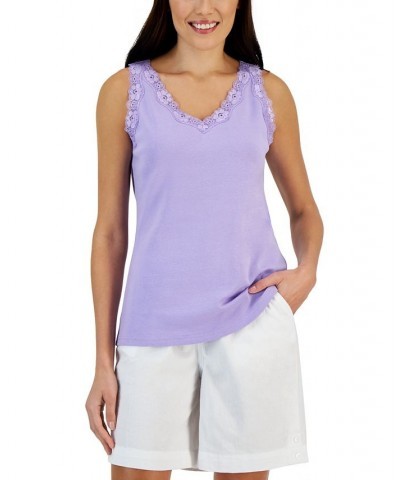 Petite Cotton Lace-Trim Tank Top Bellflower $11.39 Tops