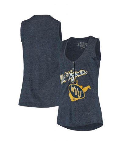 Women's Heathered Navy West Virginia Mountaineers Relaxed Henley V-Neck Tri-Blend Tank Top Blue $25.75 Tops