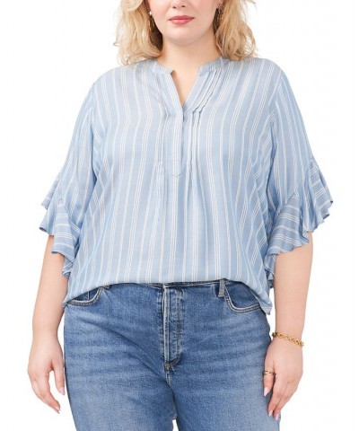 Plus Size Ruffled-Cuff Pleated-Neck Top Dusty Blue $31.07 Tops