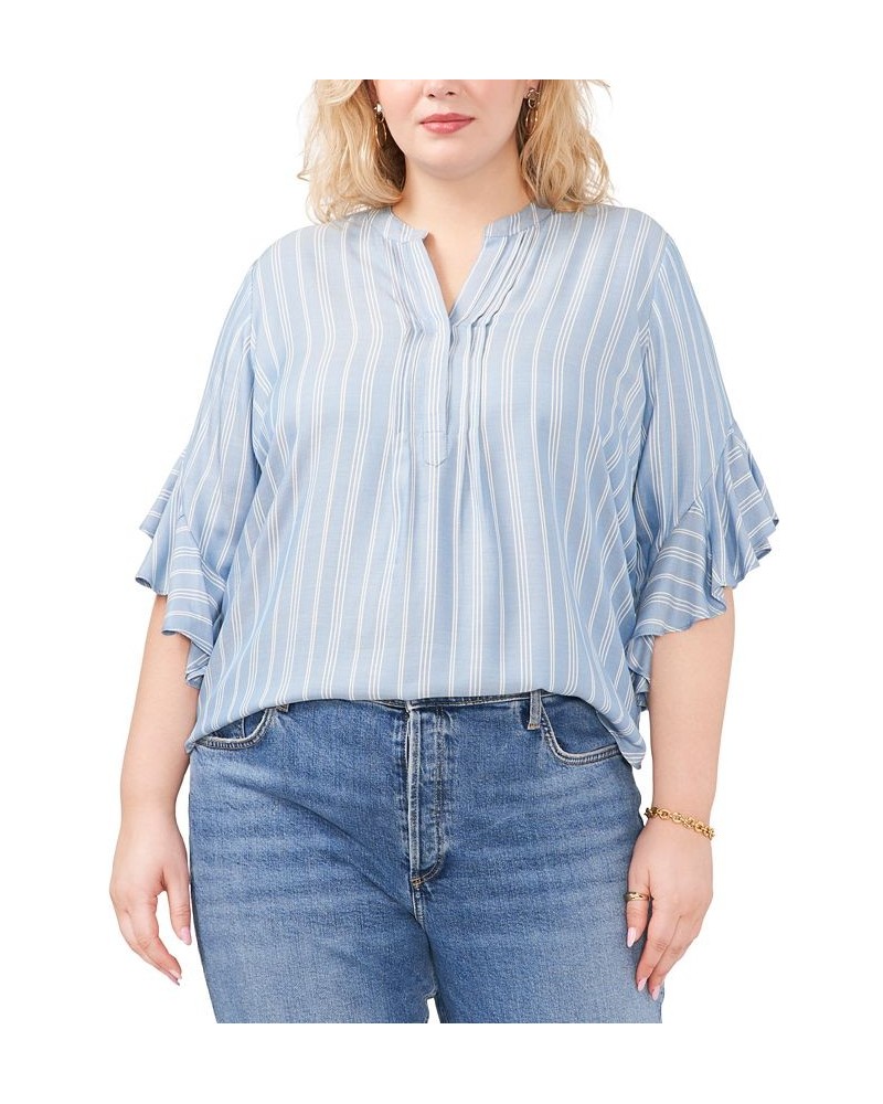 Plus Size Ruffled-Cuff Pleated-Neck Top Dusty Blue $31.07 Tops