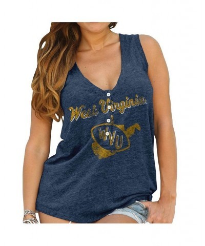 Women's Heathered Navy West Virginia Mountaineers Relaxed Henley V-Neck Tri-Blend Tank Top Blue $25.75 Tops
