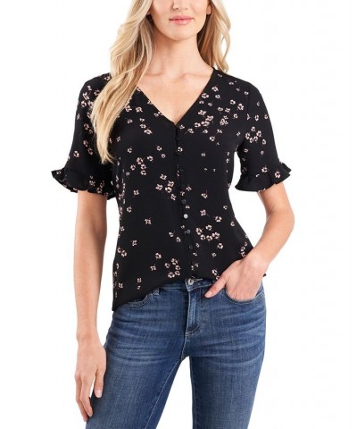 Women's Cascading Florets Short Ruffled Sleeve Top Rich Black $27.76 Tops