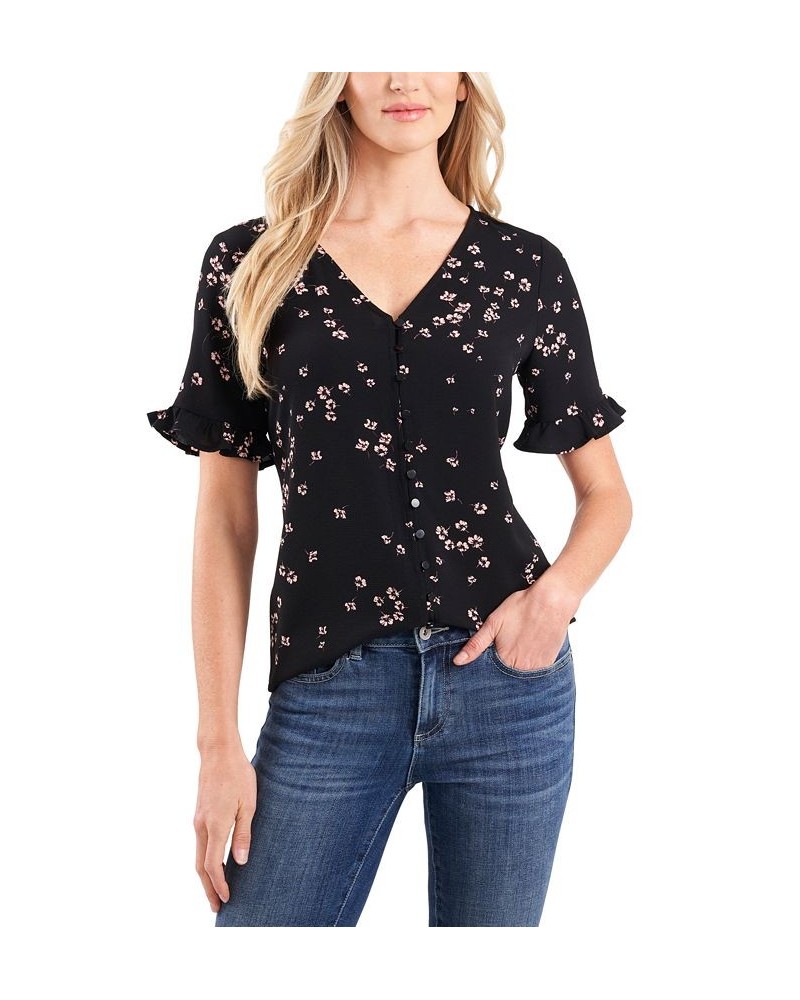 Women's Cascading Florets Short Ruffled Sleeve Top Rich Black $27.76 Tops