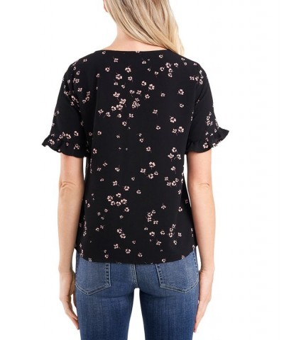 Women's Cascading Florets Short Ruffled Sleeve Top Rich Black $27.76 Tops