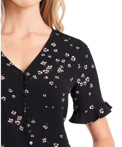 Women's Cascading Florets Short Ruffled Sleeve Top Rich Black $27.76 Tops