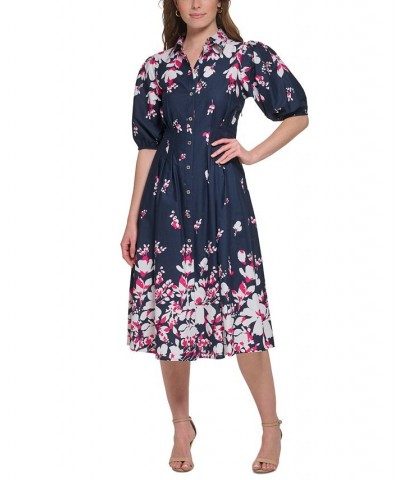 Women's Cotton Puff-Sleeve Floral Midi Dress Sky Capt Multi $53.64 Dresses