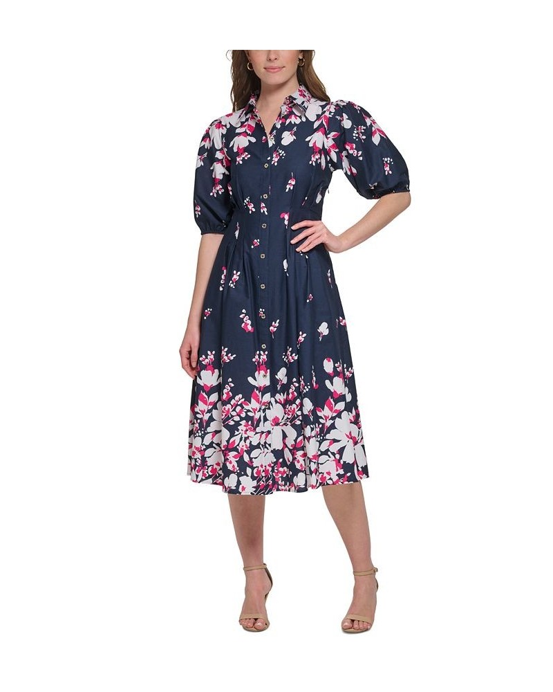 Women's Cotton Puff-Sleeve Floral Midi Dress Sky Capt Multi $53.64 Dresses