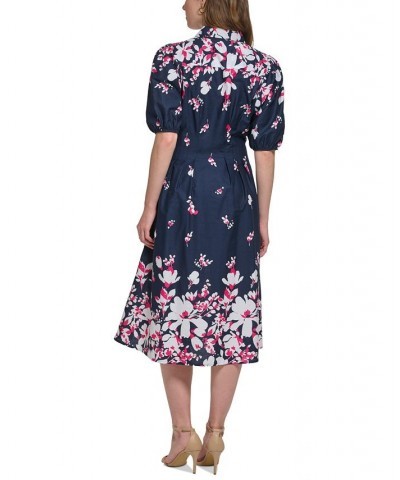 Women's Cotton Puff-Sleeve Floral Midi Dress Sky Capt Multi $53.64 Dresses