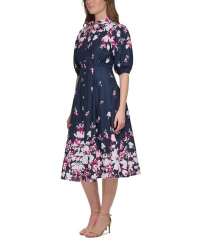 Women's Cotton Puff-Sleeve Floral Midi Dress Sky Capt Multi $53.64 Dresses