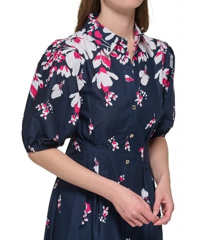 Women's Cotton Puff-Sleeve Floral Midi Dress Sky Capt Multi $53.64 Dresses