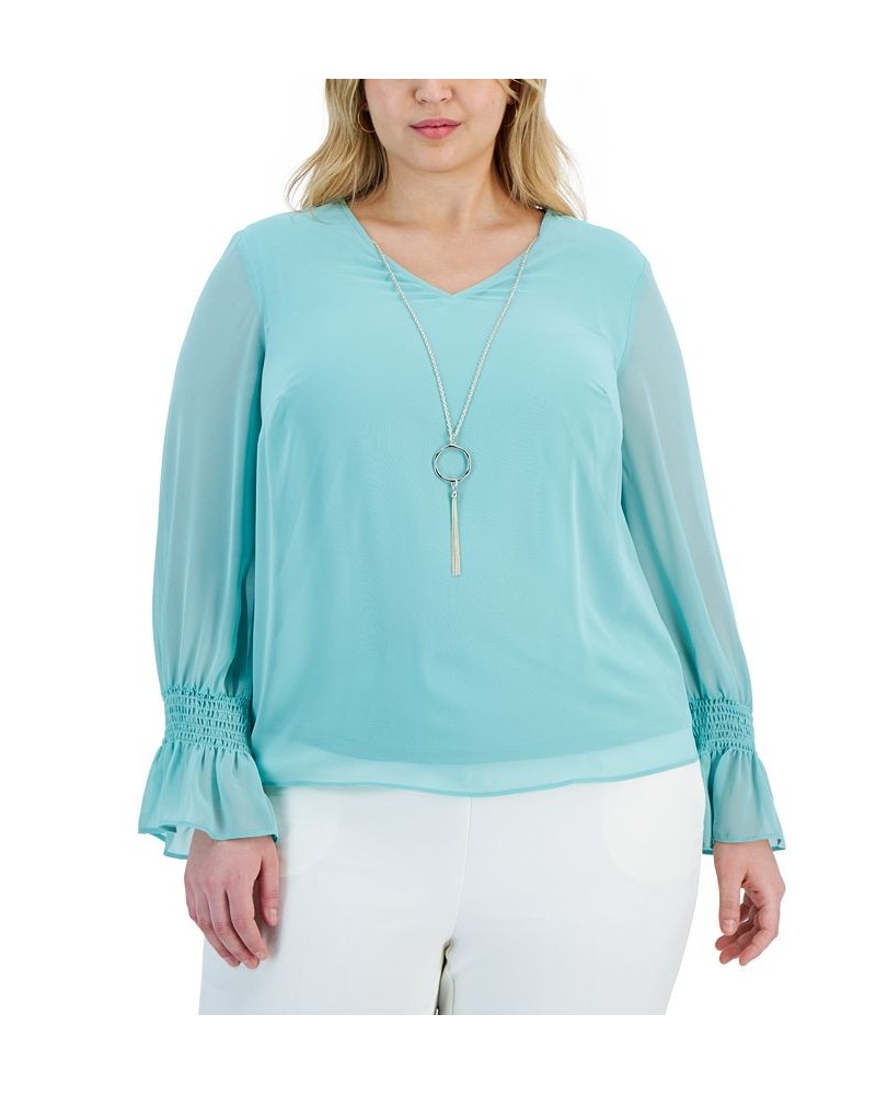 Plus Size Smocked-Sleeve Necklace Top Jade Isle $16.47 Tops