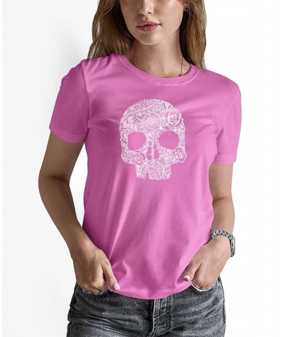 Women's Word Art Flower Skull Short Sleeve T-shirt Pink $15.05 Tops