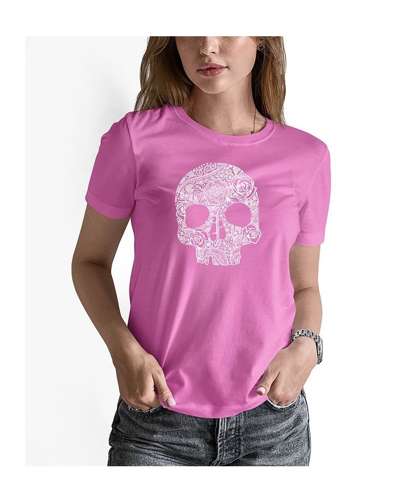 Women's Word Art Flower Skull Short Sleeve T-shirt Pink $15.05 Tops