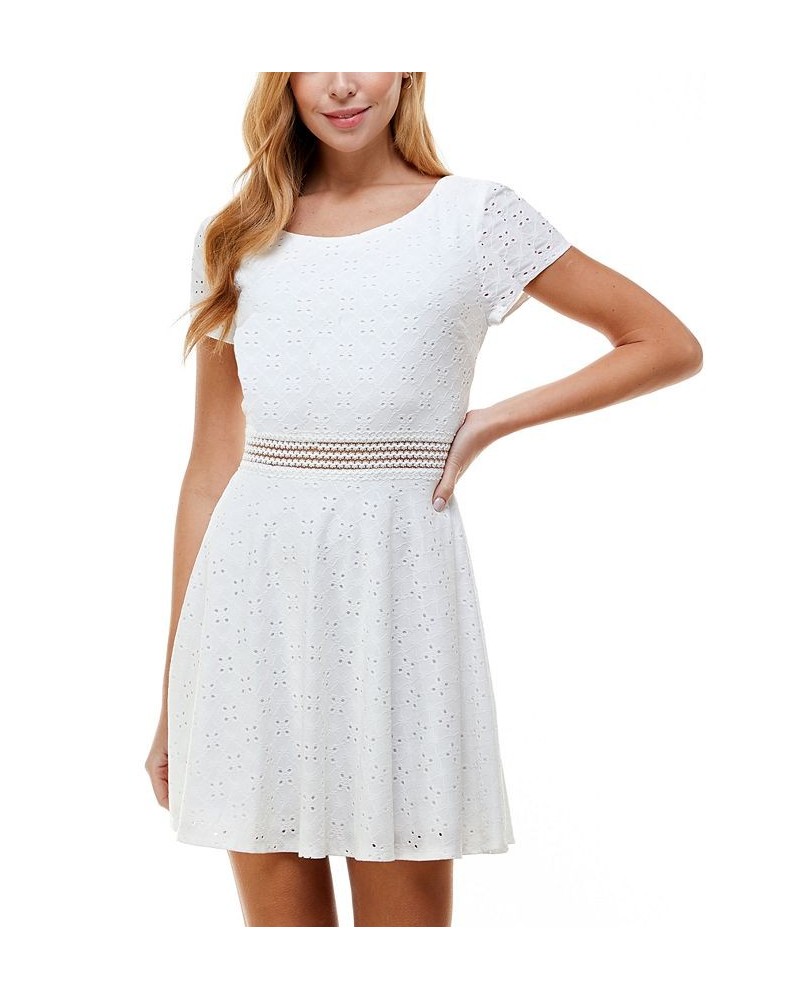 Juniors' Short Sleeve Eyelet Fit & Flare Dress White $16.66 Dresses