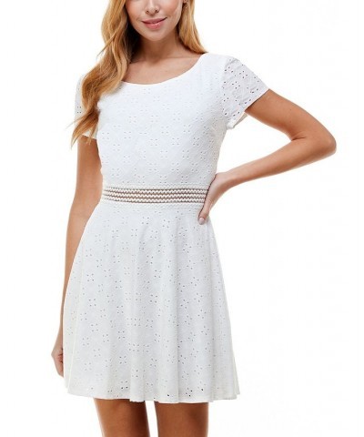 Juniors' Short Sleeve Eyelet Fit & Flare Dress White $16.66 Dresses