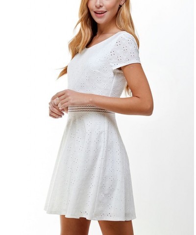 Juniors' Short Sleeve Eyelet Fit & Flare Dress White $16.66 Dresses