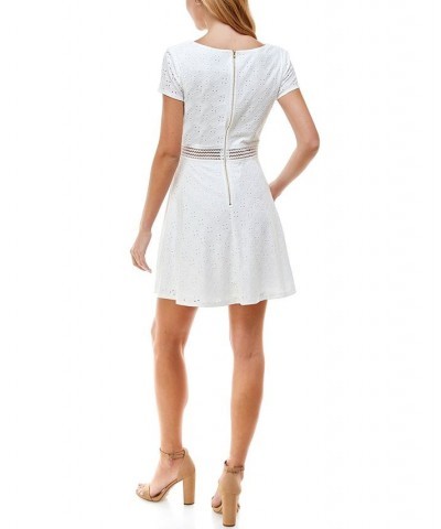 Juniors' Short Sleeve Eyelet Fit & Flare Dress White $16.66 Dresses