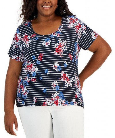 Plus Size Floral-Print Striped T-Shirt Sky Captain/Scarlet/White $29.43 Tops