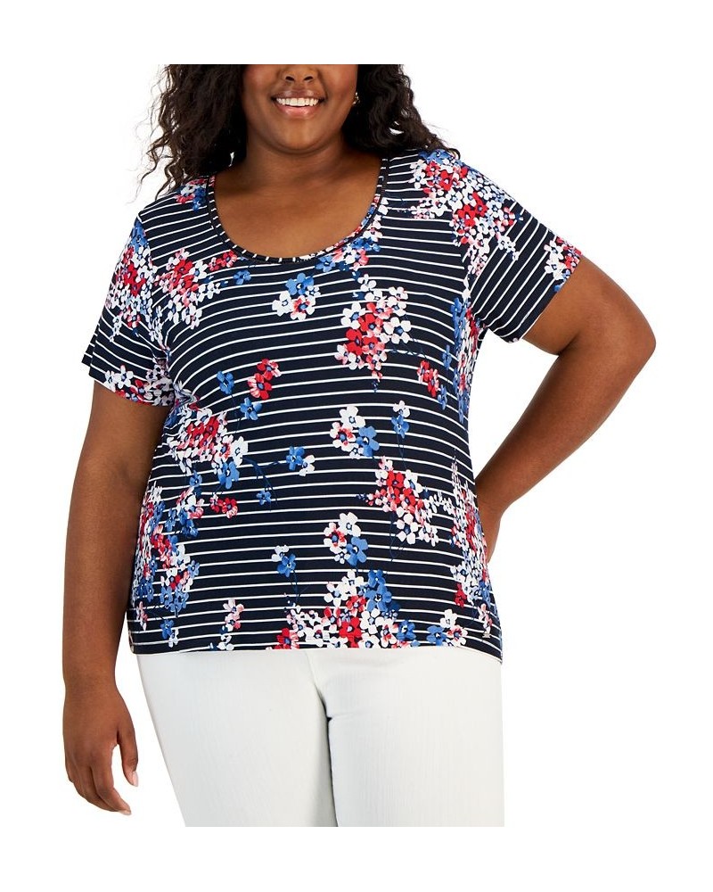 Plus Size Floral-Print Striped T-Shirt Sky Captain/Scarlet/White $29.43 Tops