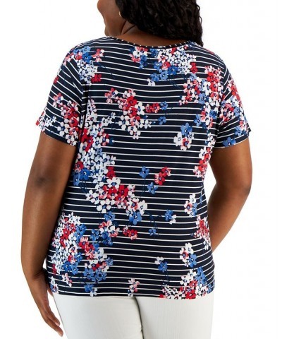 Plus Size Floral-Print Striped T-Shirt Sky Captain/Scarlet/White $29.43 Tops