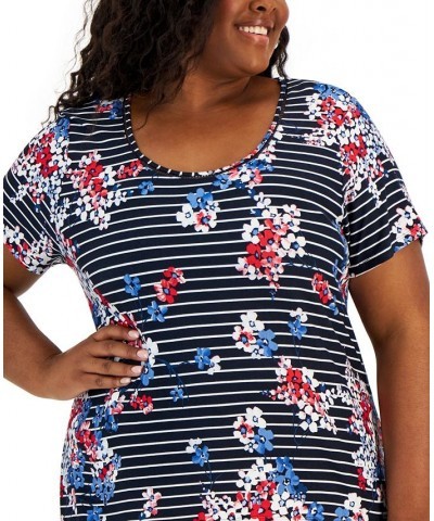 Plus Size Floral-Print Striped T-Shirt Sky Captain/Scarlet/White $29.43 Tops