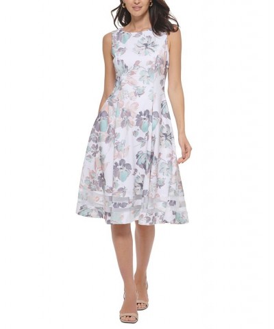 Women's Floral-Print Mesh-Trim Sleeveless Fit & Flare Dress Seaspray Multi $57.60 Dresses