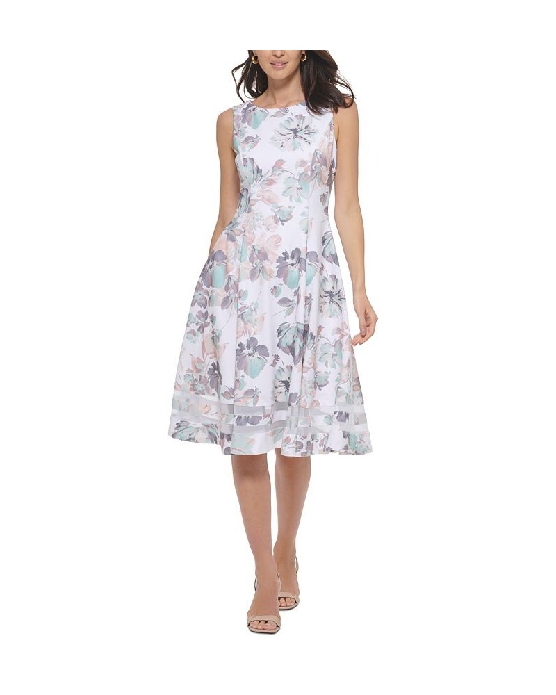 Women's Floral-Print Mesh-Trim Sleeveless Fit & Flare Dress Seaspray Multi $57.60 Dresses