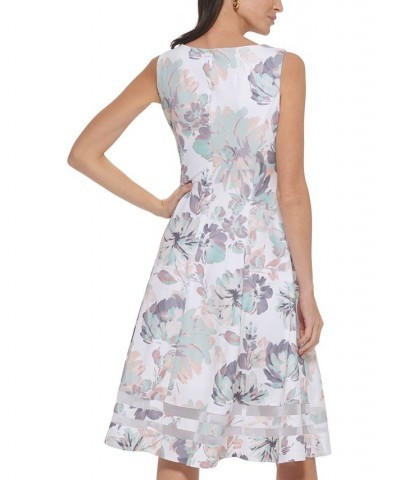 Women's Floral-Print Mesh-Trim Sleeveless Fit & Flare Dress Seaspray Multi $57.60 Dresses