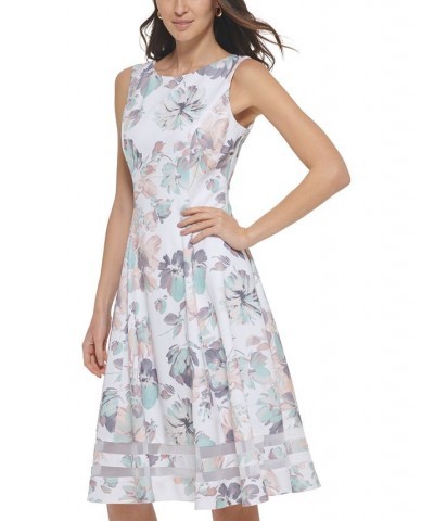 Women's Floral-Print Mesh-Trim Sleeveless Fit & Flare Dress Seaspray Multi $57.60 Dresses