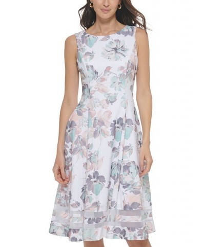 Women's Floral-Print Mesh-Trim Sleeveless Fit & Flare Dress Seaspray Multi $57.60 Dresses