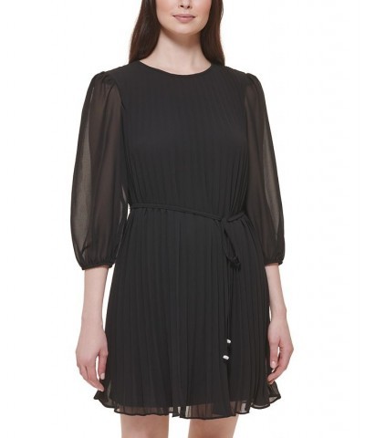 Women's Accordion-Pleat A-Line Tie-Waist 3/4-Sleeve Dress Black $26.88 Dresses