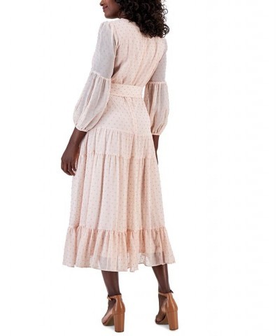 Women's Textured Dot Belted Tiered Maxi Dress Carnation/Pink $33.18 Dresses