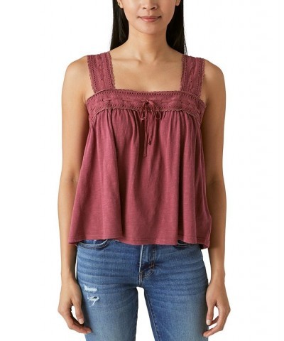 Women's Square-Neck Lace-Trim Top Red $35.78 Tops
