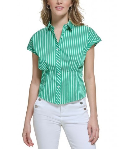 Women's Cotton Poplin Striped Top Soft White/ Green $46.54 Tops