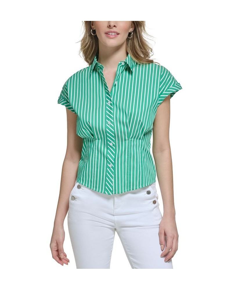 Women's Cotton Poplin Striped Top Soft White/ Green $46.54 Tops