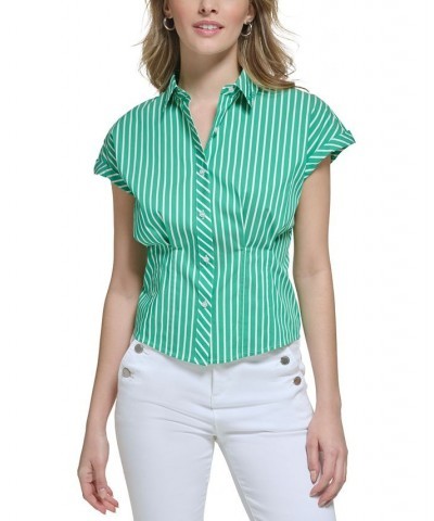 Women's Cotton Poplin Striped Top Soft White/ Green $46.54 Tops