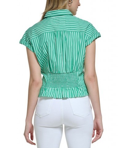 Women's Cotton Poplin Striped Top Soft White/ Green $46.54 Tops