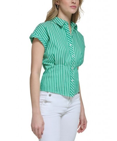 Women's Cotton Poplin Striped Top Soft White/ Green $46.54 Tops