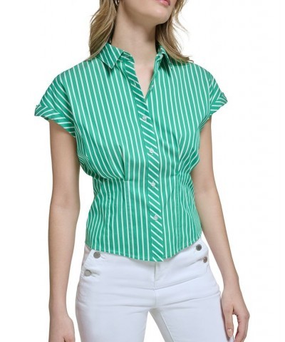 Women's Cotton Poplin Striped Top Soft White/ Green $46.54 Tops