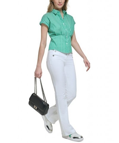 Women's Cotton Poplin Striped Top Soft White/ Green $46.54 Tops