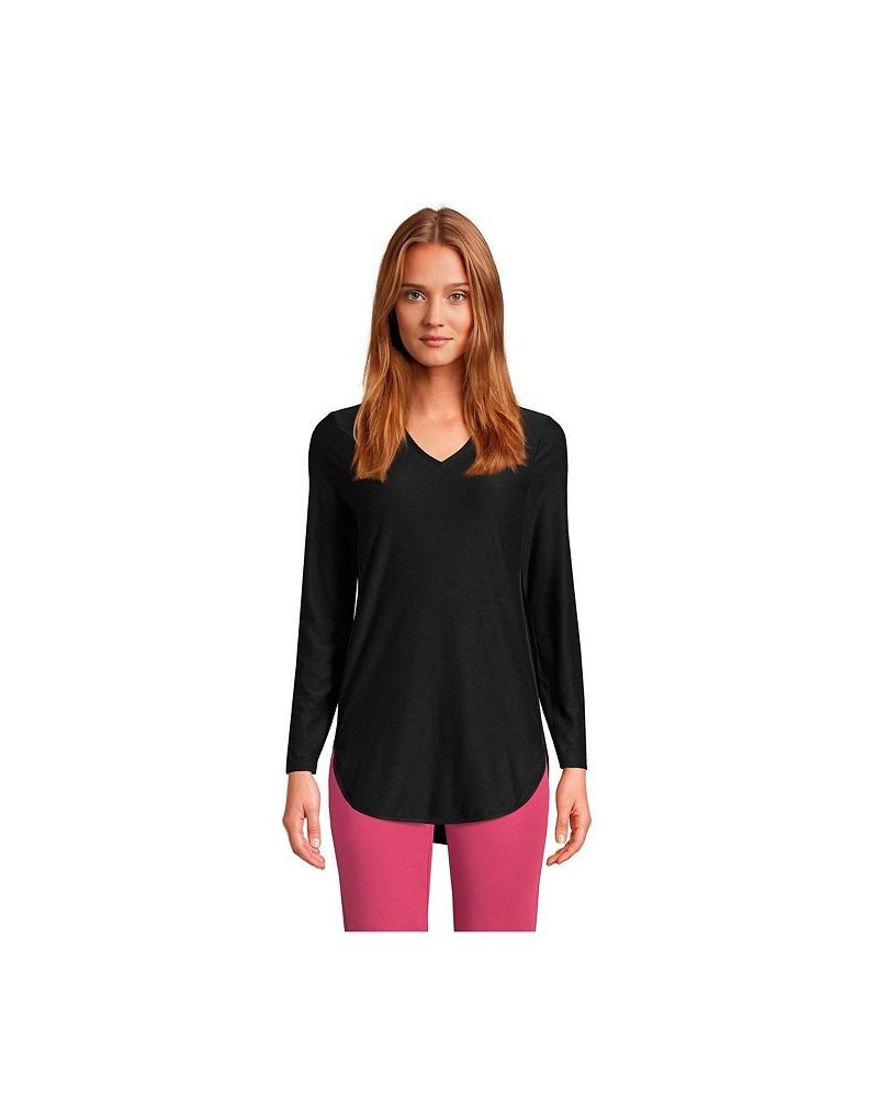 Women's Petite Soft Performance Long Sleeve Curve Hem Vneck Tunic Black $32.48 Tops