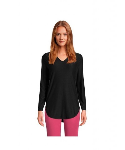 Women's Petite Soft Performance Long Sleeve Curve Hem Vneck Tunic Black $32.48 Tops