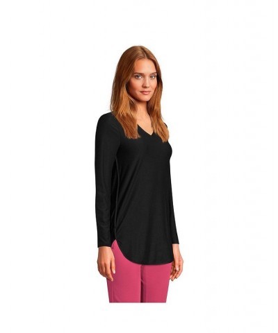 Women's Petite Soft Performance Long Sleeve Curve Hem Vneck Tunic Black $32.48 Tops