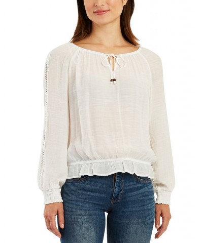 Juniors' Gauzy Crochet-Trimmed Long-Sleeve Top Off White $25.38 Tops