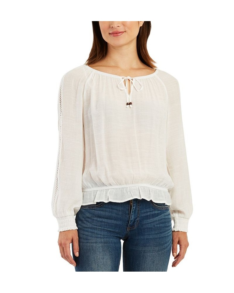 Juniors' Gauzy Crochet-Trimmed Long-Sleeve Top Off White $25.38 Tops