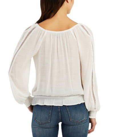 Juniors' Gauzy Crochet-Trimmed Long-Sleeve Top Off White $25.38 Tops