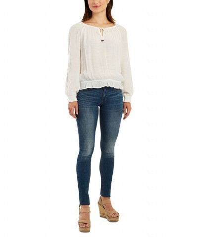 Juniors' Gauzy Crochet-Trimmed Long-Sleeve Top Off White $25.38 Tops