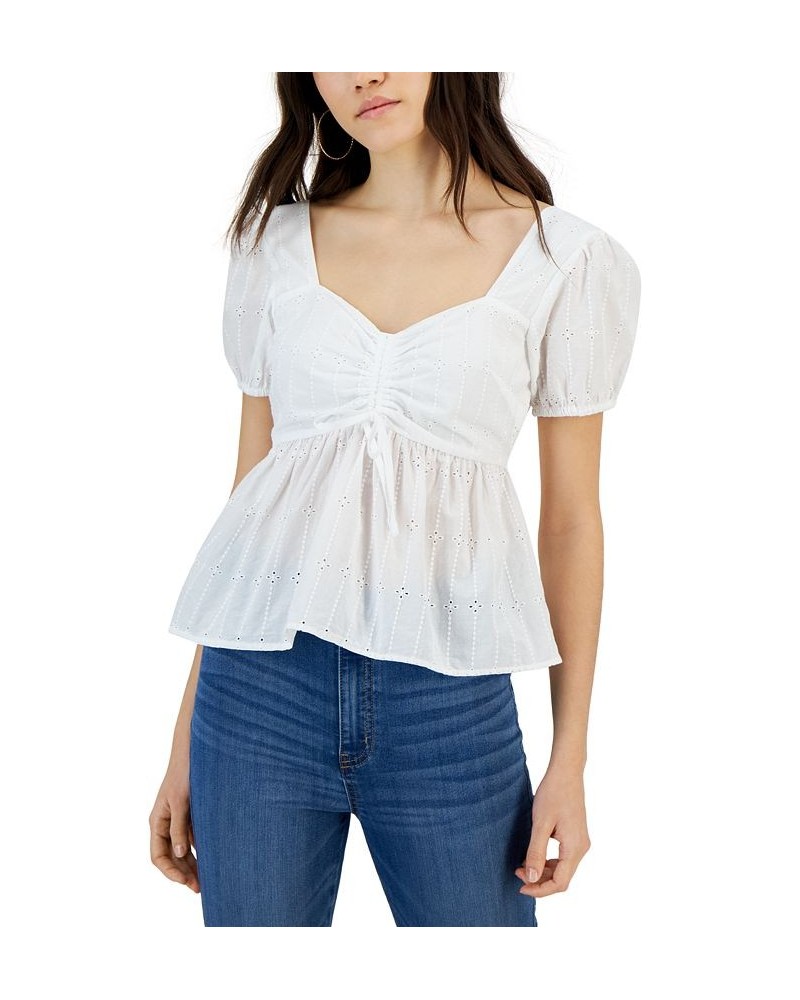 Juniors' Eyelet Puff-Sleeve Peplum Top White $11.50 Tops