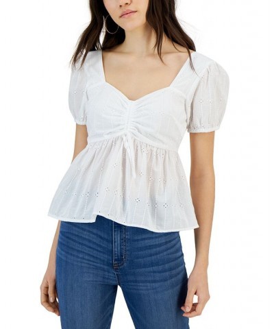 Juniors' Eyelet Puff-Sleeve Peplum Top White $11.50 Tops